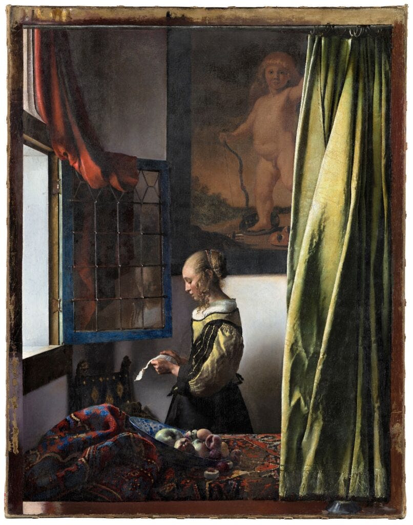 Vermeer Cupid: Johannes Vermeer, Girl Reading a Letter at an Open Window, after the restoration, ca. 1657-1659, © Gemäldegalerie Alte Meister, Staatliche Kunstsammlungen Dresden, Germany. Photo by Wolfgang Kreische.

