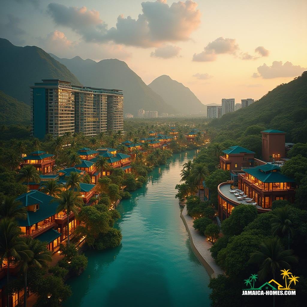 A sprawling, futuristic coastal cityscape at dusk, featuring a blend of boutique eco-resorts, high-rise hotels, and entertainment complexes, bustling with tourists from diverse backgrounds, captured in a cinematic film still, reminiscent of the works of Syd Mead, Zaha Hadid, and Ash Thorp, with a color palette and lighting inspired by the atmospheric and dramatic tones of Blade Runner and Interstellar