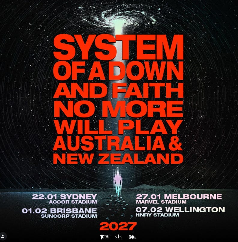 System of A Down & Faith No More Announce Australia/NZ Stadium Shows For Early '27 - Pollstar News System of A Down & Faith No More Announce Australia/NZ Stadium Shows For Early '27 - Pollstar News