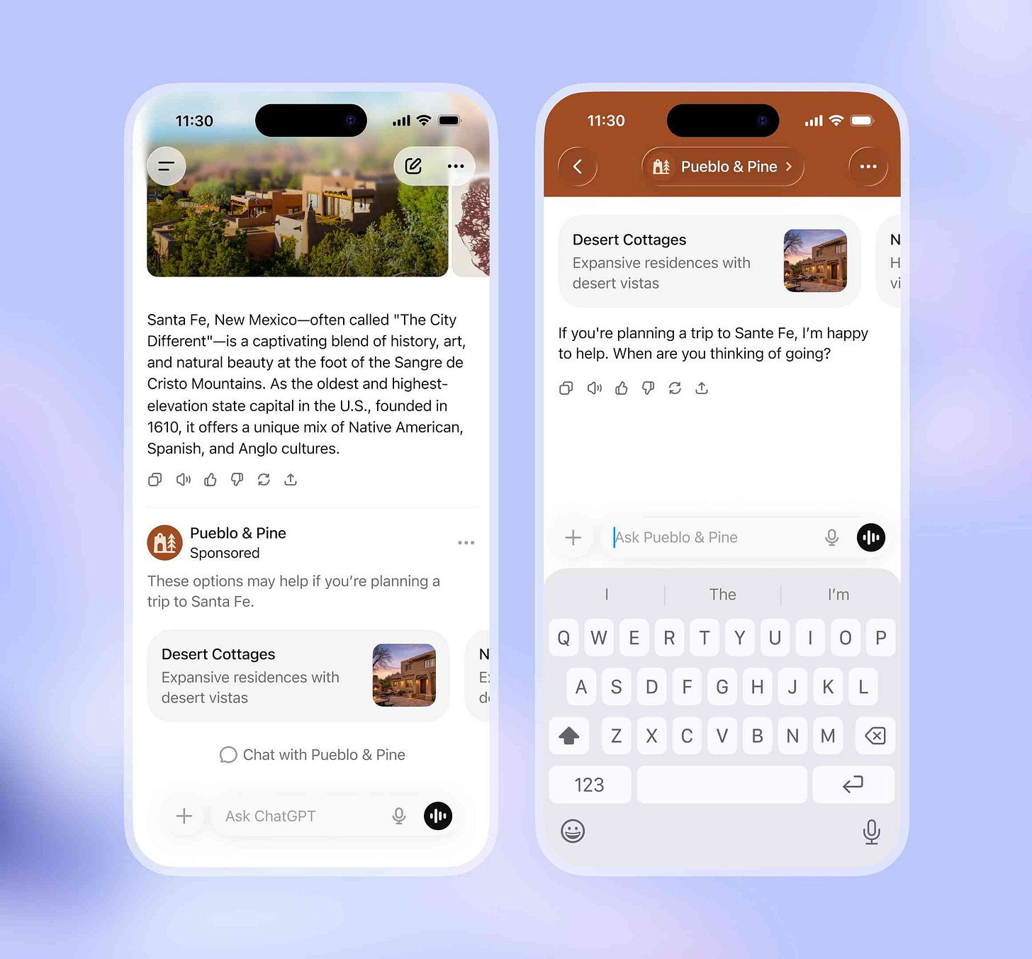 Two iPhone screenshots showing ChatGPT mobile app interface. Left screen displays a conversation about Santa Fe, New Mexico with an image of adobe-style buildings and desert landscape, text reading Two iPhone screenshots showing ChatGPT mobile app interface. Left screen displays a conversation about Santa Fe, New Mexico with an image of adobe-style buildings and desert landscape, text reading