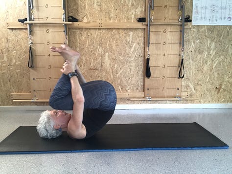 seven photos with a white haired woman in exercise clothing doing each of the Pilates exercises listed in the email