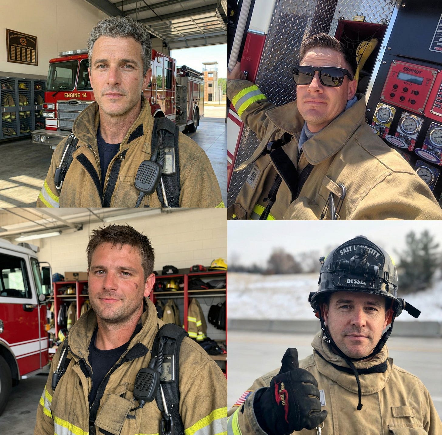 collage of four AI-generated firefighter images used as profile photos by the spam network