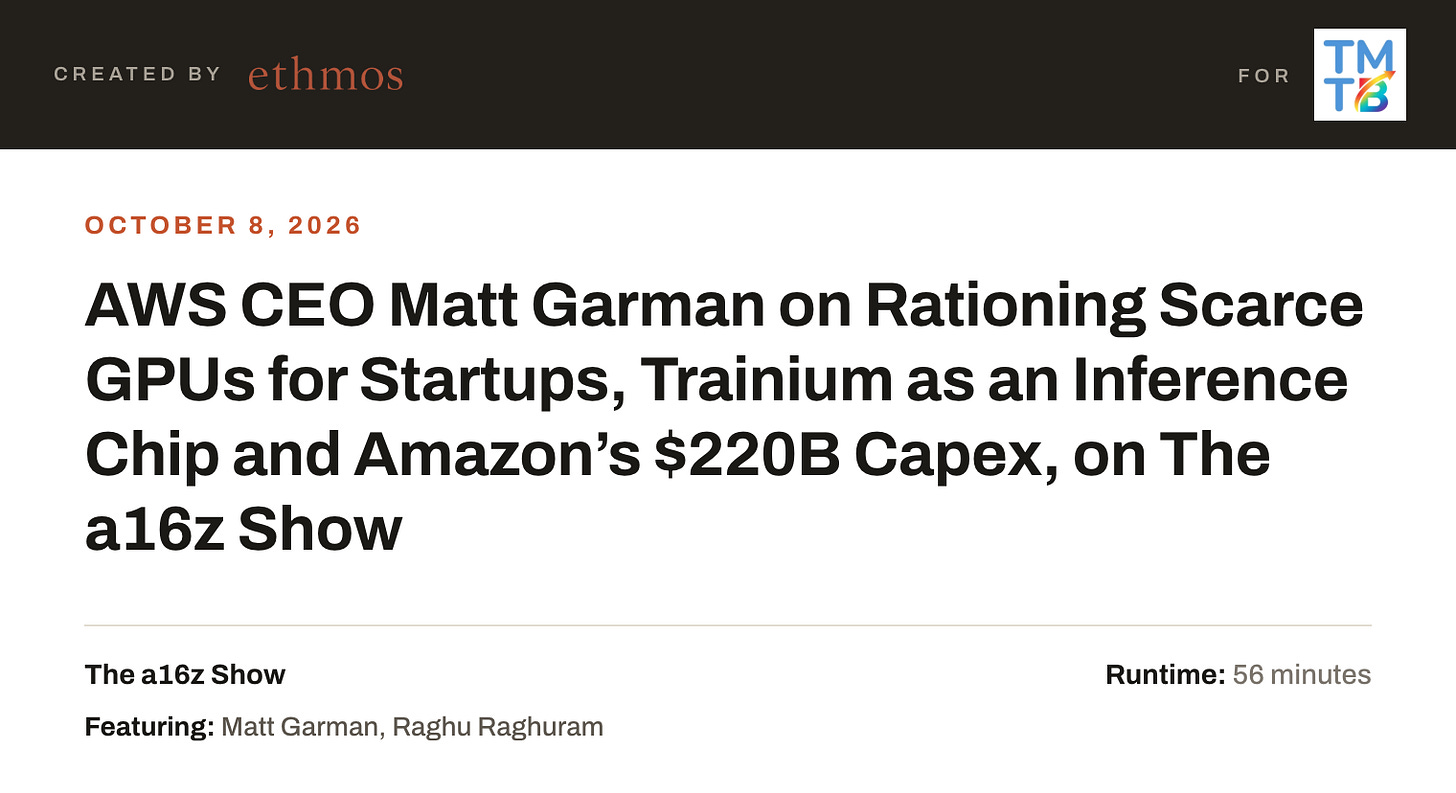 AWS CEO Matt Garman on Rationing Scarce GPUs for Startups, Trainium as an Inference Chip and Amazon’s $220B Capex, on The a16z Show AWS CEO Matt Garman on Rationing Scarce GPUs for Startups, Trainium as an Inference Chip and Amazon’s $220B Capex, on The a16z Show