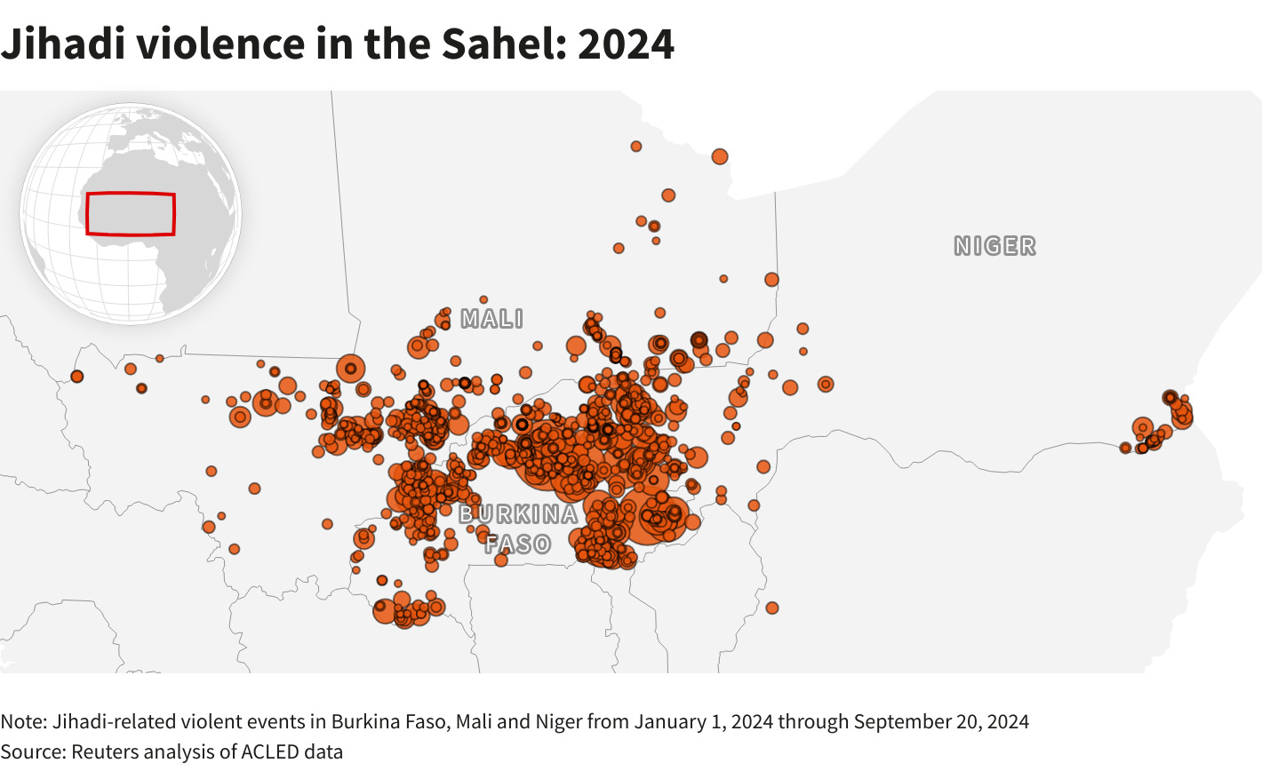 Map shows violent attacks by jihadi groups in Burkina Faso, Mali and Niger in 2024. Burkina Faso appears as a hotspot, with the most attacks so far this year. Map shows violent attacks by jihadi groups in Burkina Faso, Mali and Niger in 2024. Burkina Faso appears as a hotspot, with the most attacks so far this year.