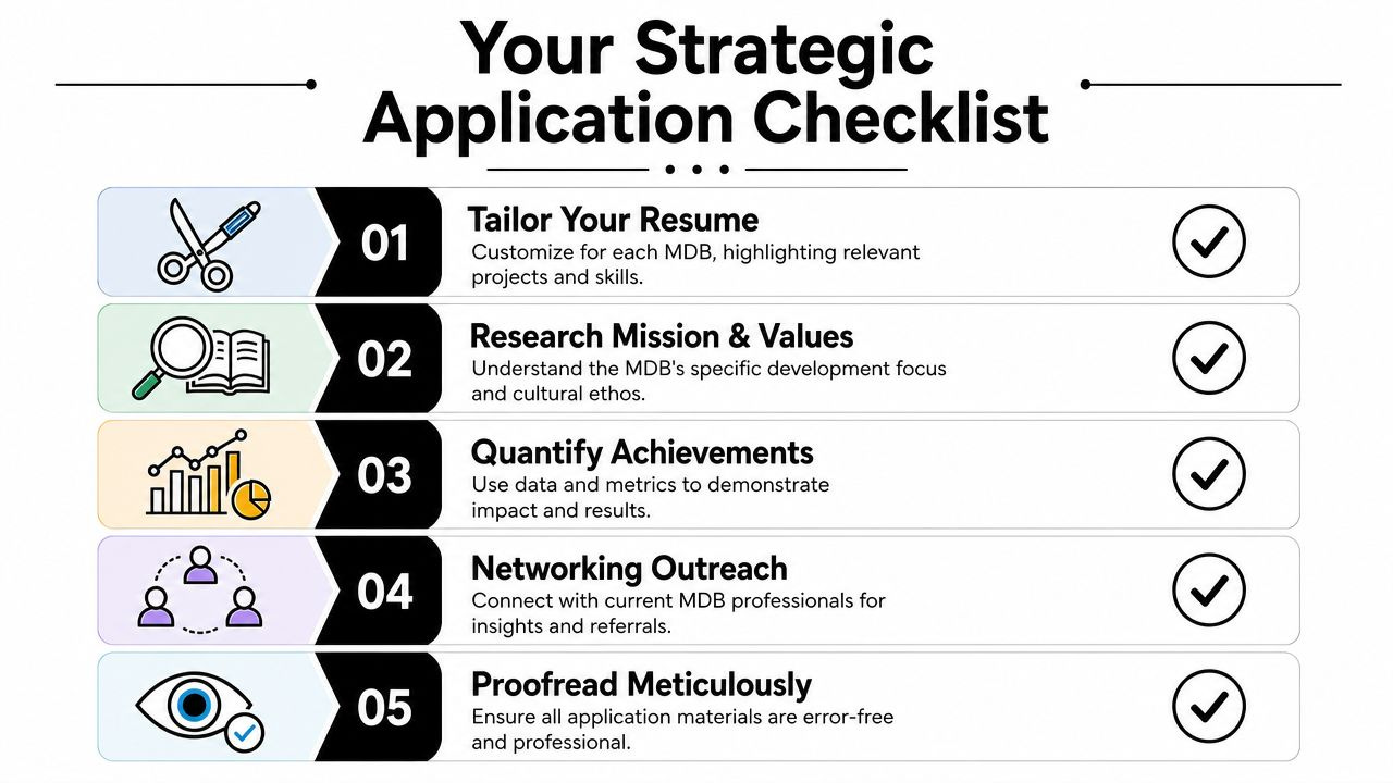 A checklist infographic illustrating five key strategic steps for successful international finance job applications. A checklist infographic illustrating five key strategic steps for successful international finance job applications.