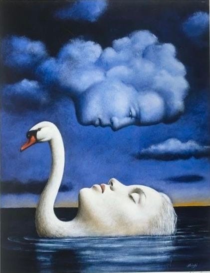 This may contain: a painting of a woman floating in the water next to a swan with clouds above her
