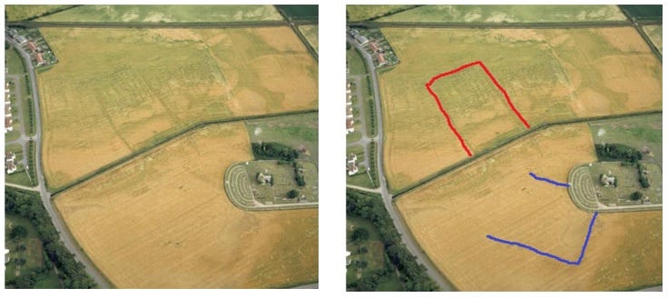 Aerial photograph of cropmarks in parched yellow fields surrounding Kinloss Abbey Aerial photograph of cropmarks in parched yellow fields surrounding Kinloss Abbey