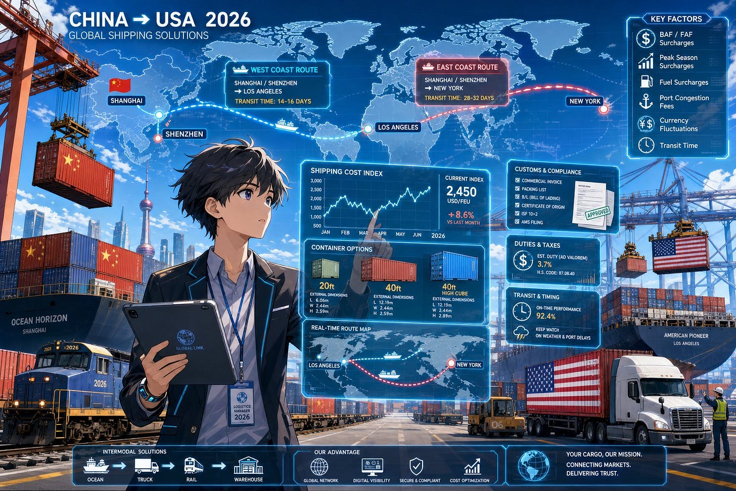 Young businessperson with a tablet stands before a glowing global shipping dashboard showing routes and costs over a port scene. Young businessperson with a tablet stands before a glowing global shipping dashboard showing routes and costs over a port scene.