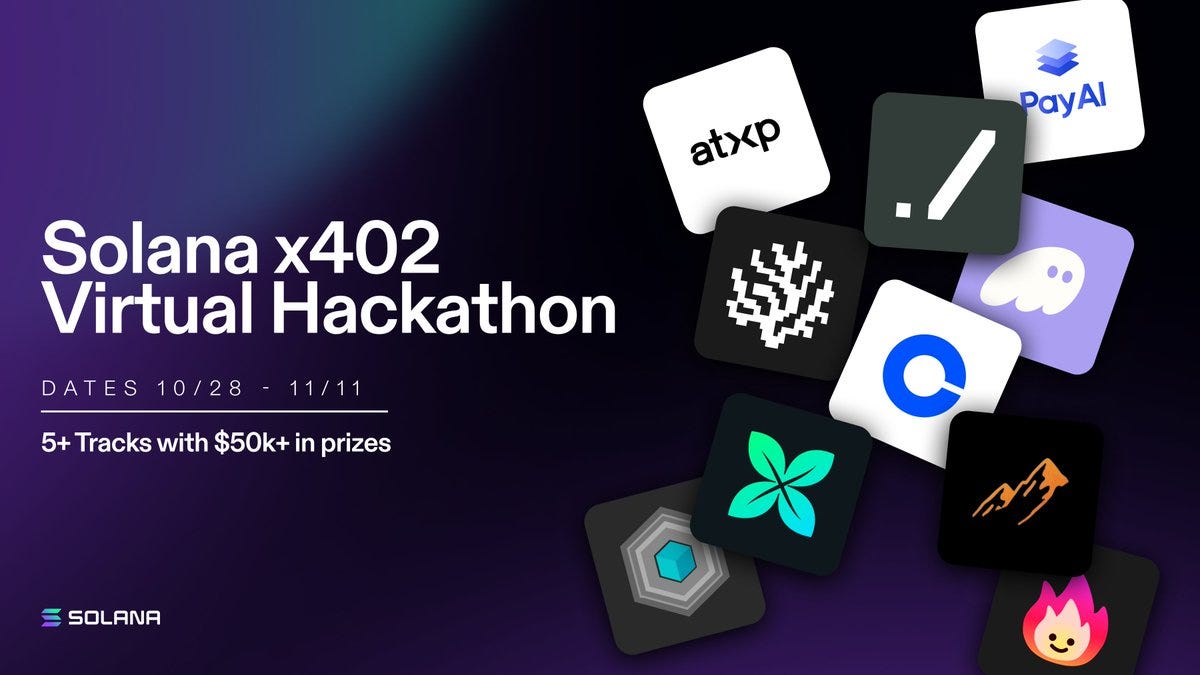 Purple and black background with floating white icons of sponsor logos including a stylized A with X, PayPal, and others arranged dynamically. Central text reads Solana x402 Virtual Hackathon with dates October 28 - November 11 below it. Additional text states 5 tracks with 50K+ prizes. Bottom section has Solana logo and event branding with abstract shapes like leaves, hexagons, flames, and a ghost emoji.