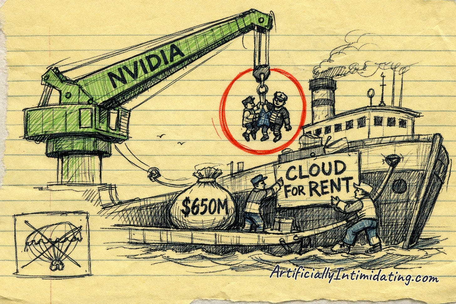 Editorial cartoon: a green NVIDIA crane lifts the captain and crew off a ship while remaining sailors nail up a CLOUD FOR RENT sign beside a $650M money sack