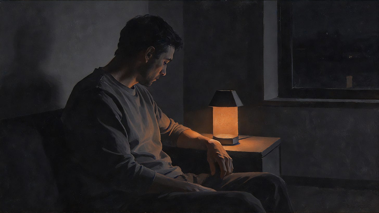 A man sits alone in a dark room at night, lit by one small warm lamp beside him, still and tired but upright.