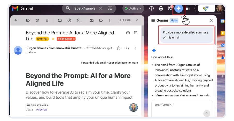 Screenshot of Gmail interface showing an open email titled "Beyond the Prompt: AI for a More Aligned Life" from Jürgen Strauss. The Gemini sidebar is open on the right side with a prompt highlighted that reads "Provide a more detailed summary of this email." Below shows Gemini's response beginning to summarize the email content.