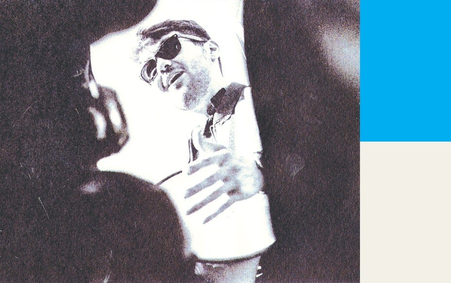photo-illustration of black-and-white image of Fuentes in sunglasses speaking, seen from above, with blue and tan squares