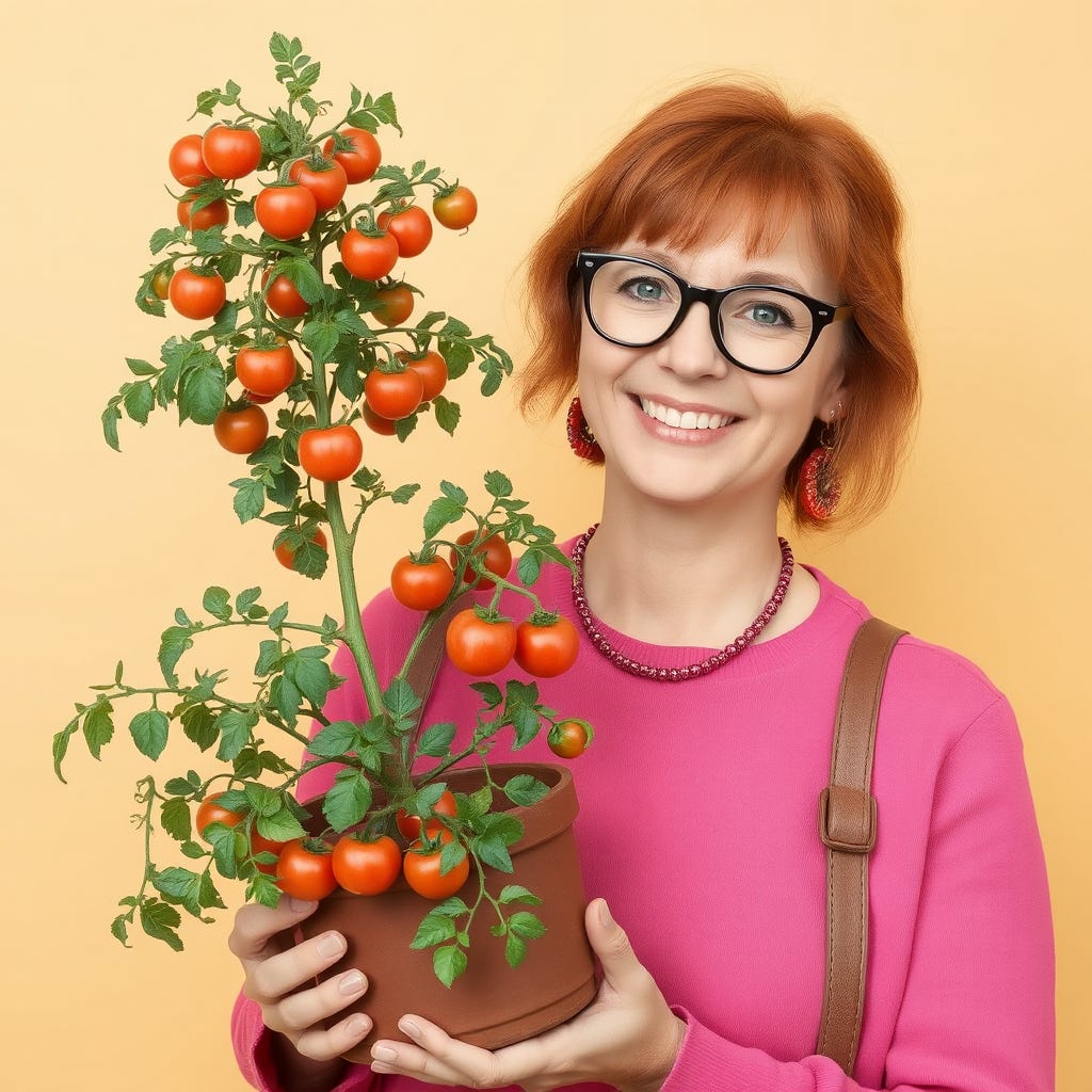 Happy 30-year-old, red-haired, Caucasian woman with vivid color clothes, wearing glasses, holding a a pot with a lush, big cherry tomato plant, wearing contrasting vivid color accessories, isolated on a vivid contrasting beige background, HEX #999966 Happy 30-year-old, red-haired, Caucasian woman with vivid color clothes, wearing glasses, holding a a pot with a lush, big cherry tomato plant, wearing contrasting vivid color accessories, isolated on a vivid contrasting beige background, HEX #999966