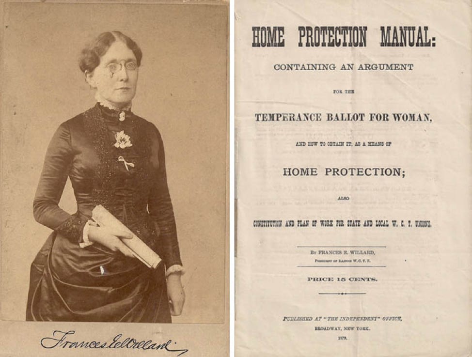 Frances Willard beside the title page of her 1879 Home Protection Manual, which argued for women’s temperance voting rights as a means of protecting the home.