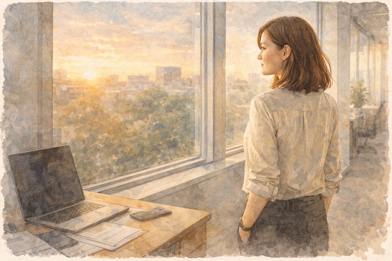 Sensitive woman looking out an office window, showing emotional awareness and thoughtful reflection. Sensitive woman looking out an office window, showing emotional awareness and thoughtful reflection.