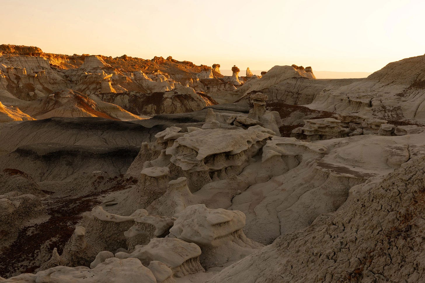 Sunset light casts warm tones on eroded hoodoos and sculpted badlands in the Bisti/De-Na-Zin Wilderness.