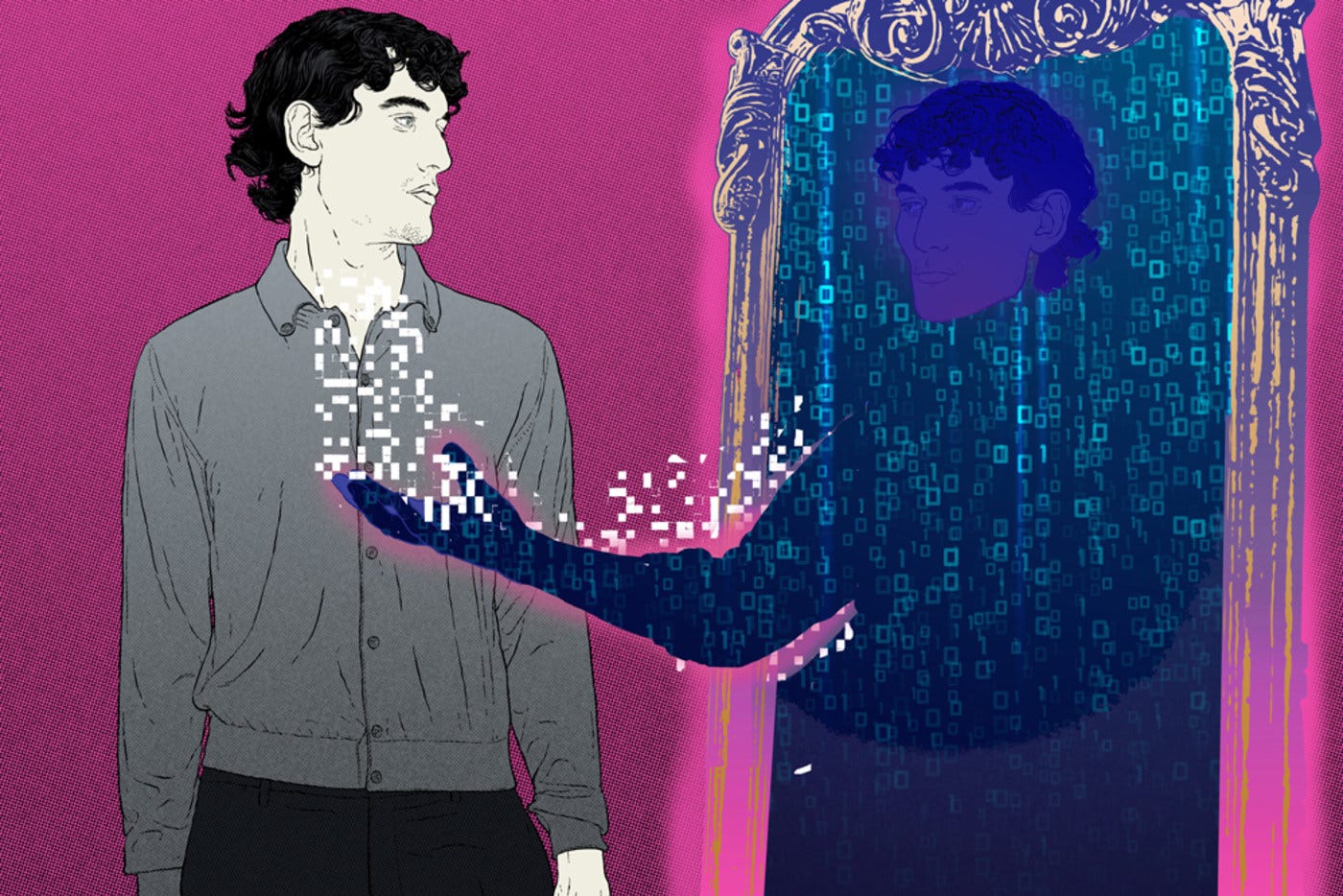 Illustration of a man and his digital reflection, with data flowing between them. Illustration of a man and his digital reflection, with data flowing between them.