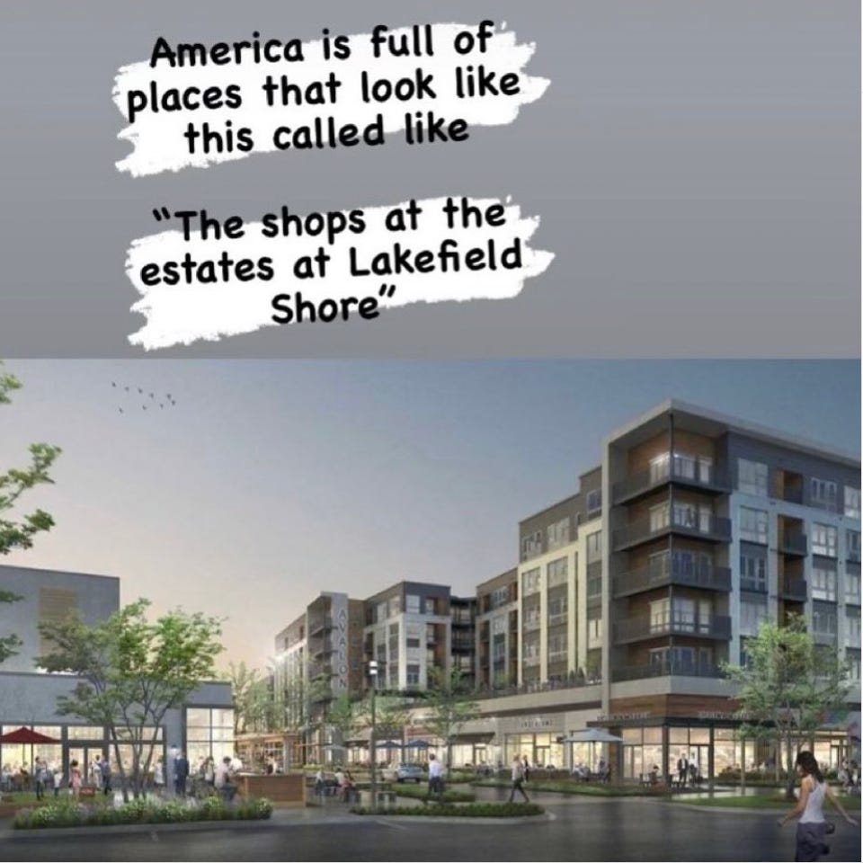 A modern grey and brown apartment complex captioned: American is full of places that look like this called "The shops a the estates at Lakefield Shore"