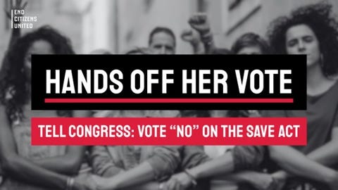 A group of women with their arms crossed. The text over them reads Hands Off Her Vote. Tell Congress to vote no on the Save Act. There is a watermark from End Citizens United. A group of women with their arms crossed. The text over them reads Hands Off Her Vote. Tell Congress to vote no on the Save Act. There is a watermark from End Citizens United.