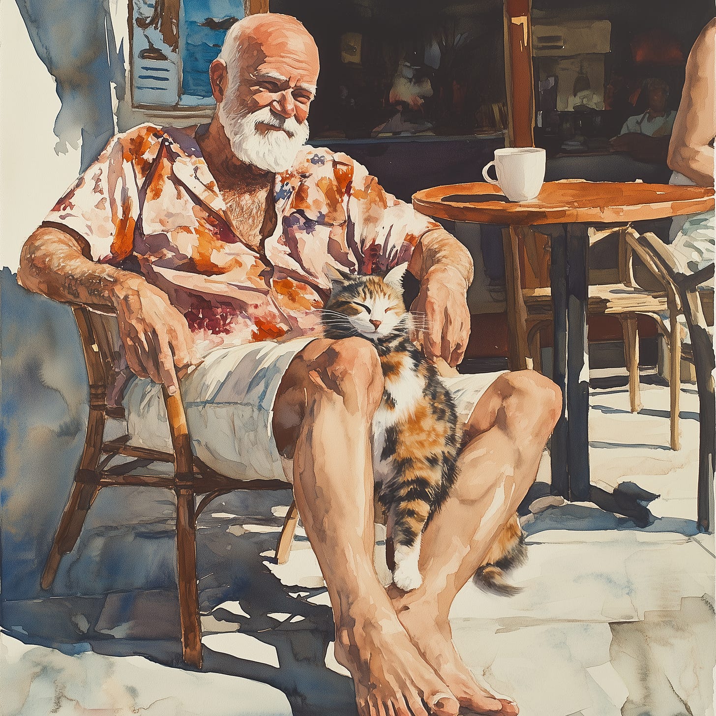 A white-haired man in an orange-colored beach shirt and khaki shorts with a calico cat in his lap, sitting at an outdoor cafe in 1970s Laguna Beach, California A white-haired man in an orange-colored beach shirt and khaki shorts with a calico cat in his lap, sitting at an outdoor cafe in 1970s Laguna Beach, California