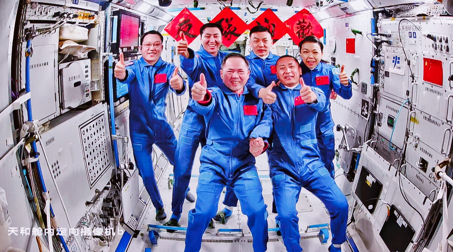 From left to right, top row then bottom row: Zhang Hongzhang, Wu Fei, Zhang Zhiyuan, Li Jiaying, Zhang Lu, and Zhu Yangzhu inside the Tiangong Space Station not long after the arrival of Shenzhou-23 on May 25th 2026. From left to right, top row then bottom row: Zhang Hongzhang, Wu Fei, Zhang Zhiyuan, Li Jiaying, Zhang Lu, and Zhu Yangzhu inside the Tiangong Space Station not long after the arrival of Shenzhou-23 on May 25th 2026.