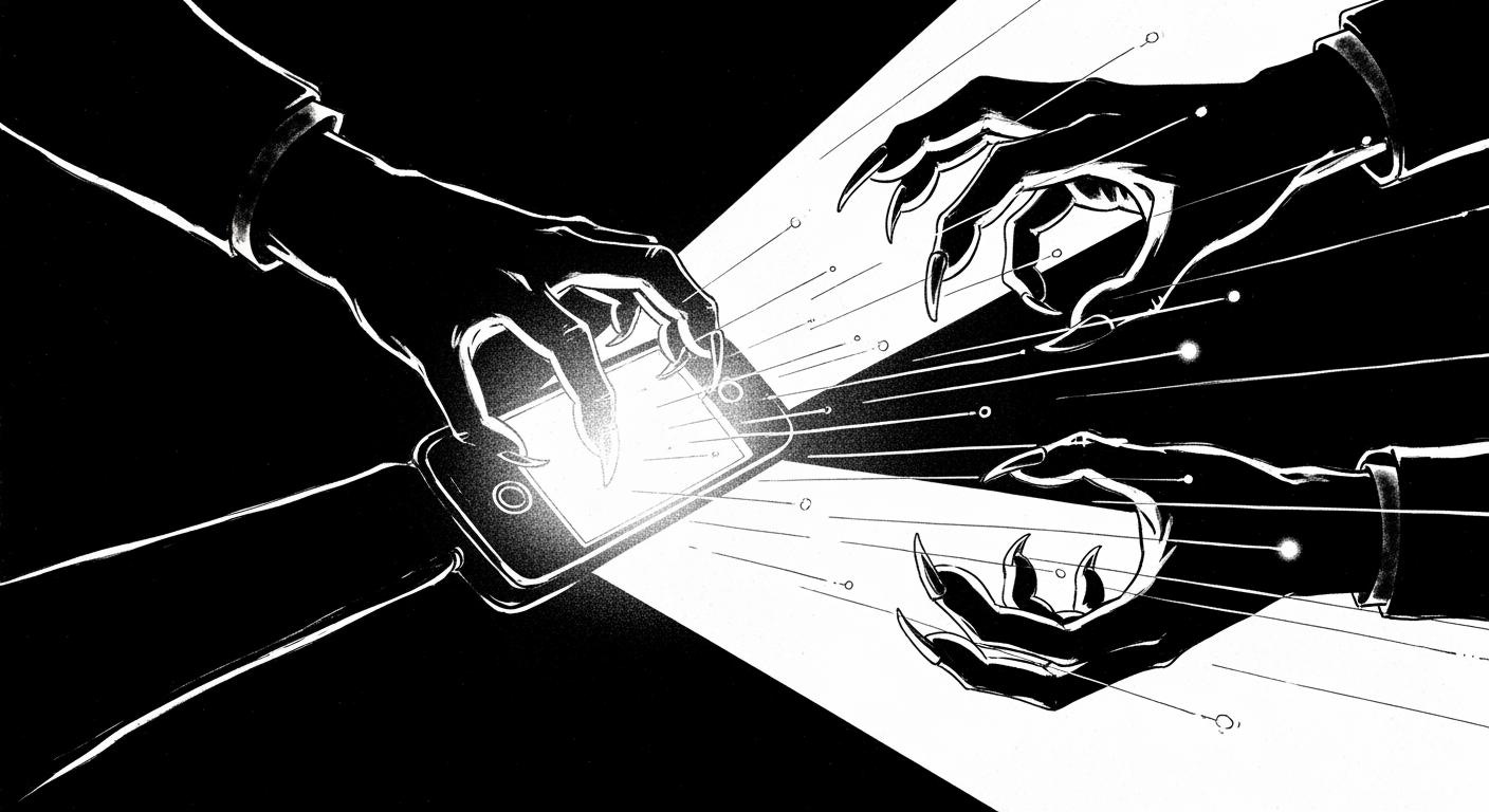 Frank Miller noir style Surveillance imagery phone with glowing screen in darkness shadowy hands reaching for data streams dramatic diagonal composition heavy black ink white highlights graphic novel panel conspiracy aesthetic_image_1