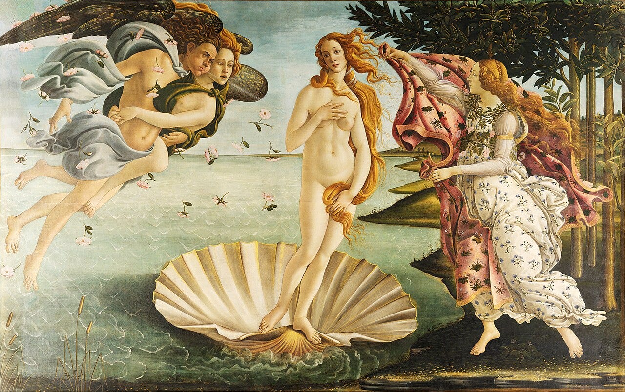 Botticelli's The Birth of Venus, the goddess on a shell blown ashore by wind gods Botticelli's The Birth of Venus, the goddess on a shell blown ashore by wind gods