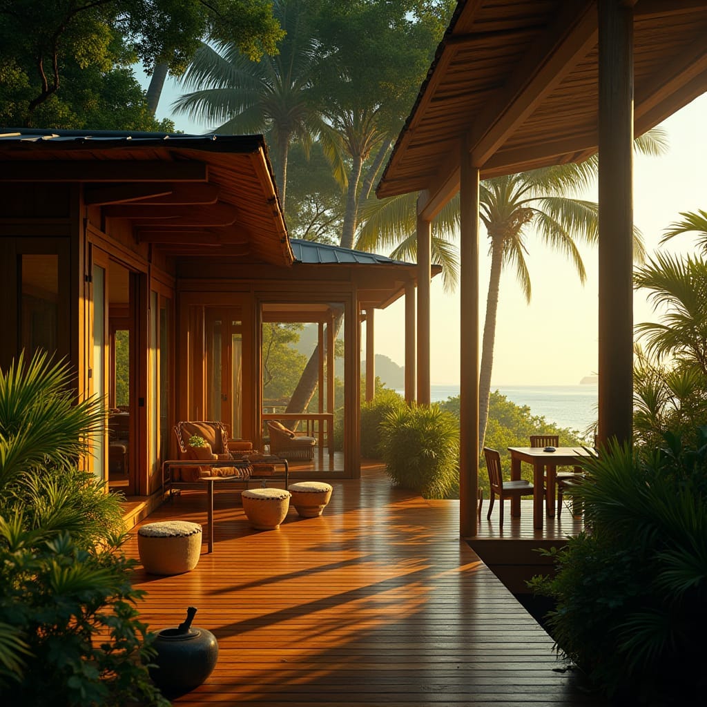 Vibrant, modern timber Jamaican home with expansive, floor-to-ceiling windows, perched on multiple platforms, and protruding stilts, majestically set on the pristine 7 Mile Beach in Negril Town, Jamaica, with lush tropical foliage and crystal-clear turquoise waters as the breathtaking backdrop.