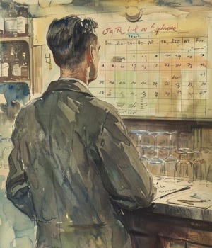 vintage watercolor illustration of a printed weekly bar schedule posted on a cork board with one name removed while the rest remain unchanged vintage watercolor illustration of a printed weekly bar schedule posted on a cork board with one name removed while the rest remain unchanged