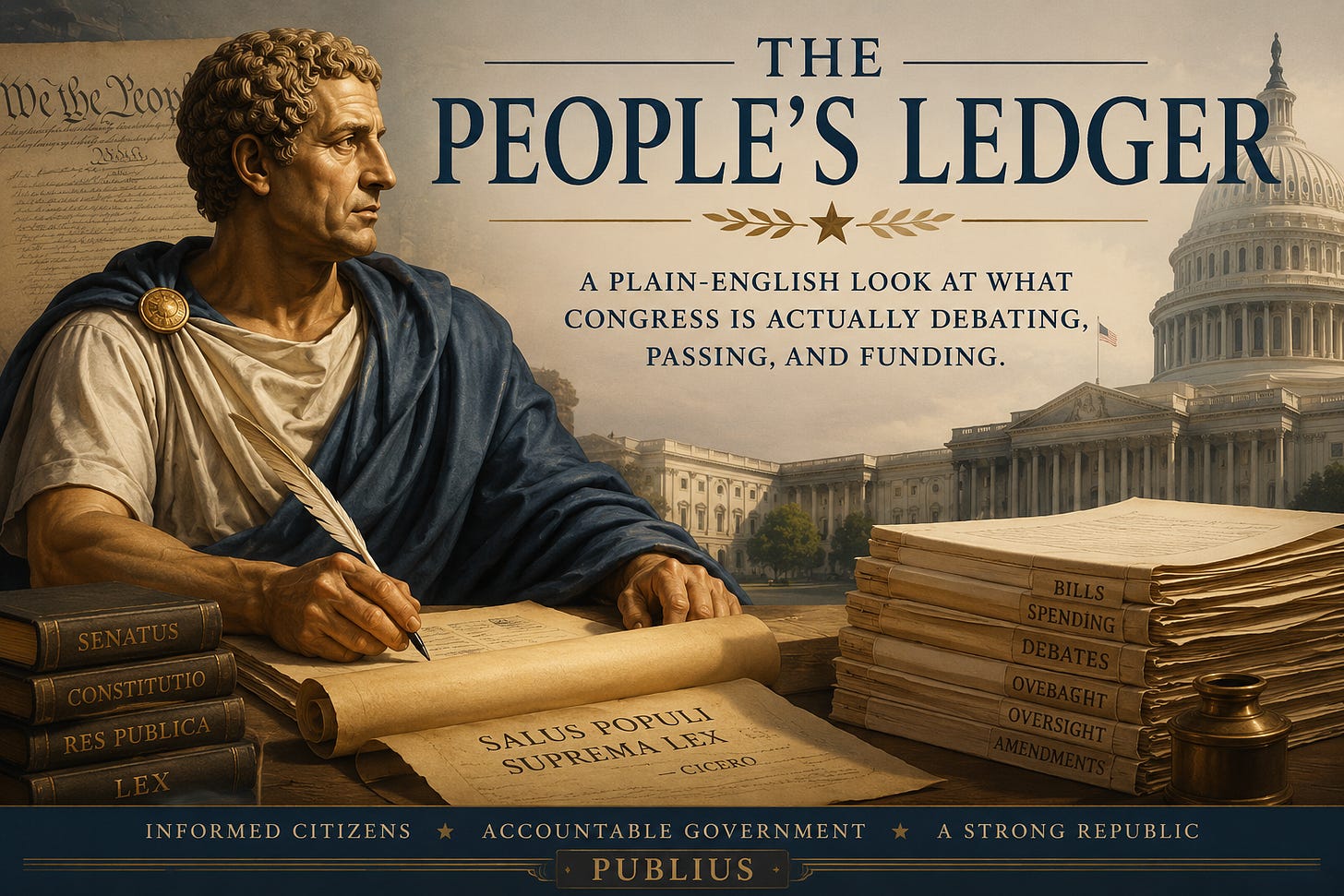 Classical Roman-inspired illustration for “The People’s Ledger” featuring a statesman writing at a desk surrounded by legislative documents, constitutional texts, and stacked bills, with the U.S. Capitol in the background. The image blends Roman republican symbolism with modern American government themes to represent informed citizenship and legislative oversight. Classical Roman-inspired illustration for “The People’s Ledger” featuring a statesman writing at a desk surrounded by legislative documents, constitutional texts, and stacked bills, with the U.S. Capitol in the background. The image blends Roman republican symbolism with modern American government themes to represent informed citizenship and legislative oversight.