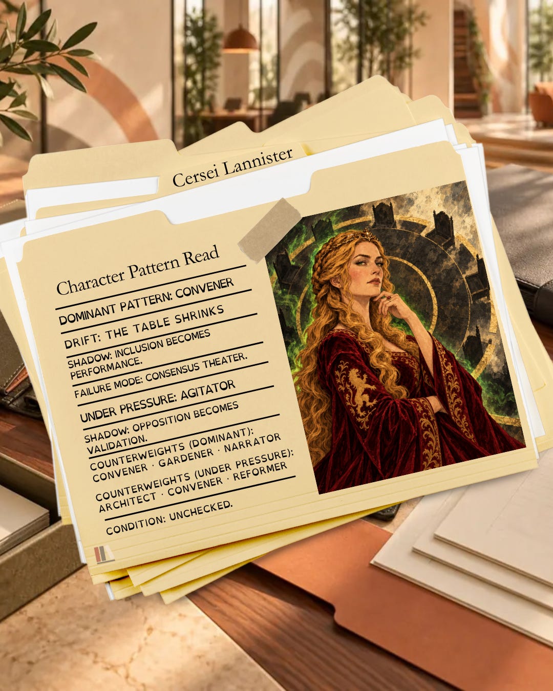 Manila file folder labeled “Cersei Lannister,” open on a desk, with a taped portrait of Cersei in a crimson gown against a dark round table edged in green wildfire. The card reads: Character Pattern Read. Dominant pattern: Convener. Drift: the table shrinks. Shadow: inclusion becomes performance. Failure mode: Consensus Theater. Under pressure: Agitator. Shadow: opposition becomes validation. Counterweights for Convener: Convener, Gardener, Narrator. Counterweights for Agitator: Architect, Convener, Reformer. Condition: Unchecked. Manila file folder labeled “Cersei Lannister,” open on a desk, with a taped portrait of Cersei in a crimson gown against a dark round table edged in green wildfire. The card reads: Character Pattern Read. Dominant pattern: Convener. Drift: the table shrinks. Shadow: inclusion becomes performance. Failure mode: Consensus Theater. Under pressure: Agitator. Shadow: opposition becomes validation. Counterweights for Convener: Convener, Gardener, Narrator. Counterweights for Agitator: Architect, Convener, Reformer. Condition: Unchecked.