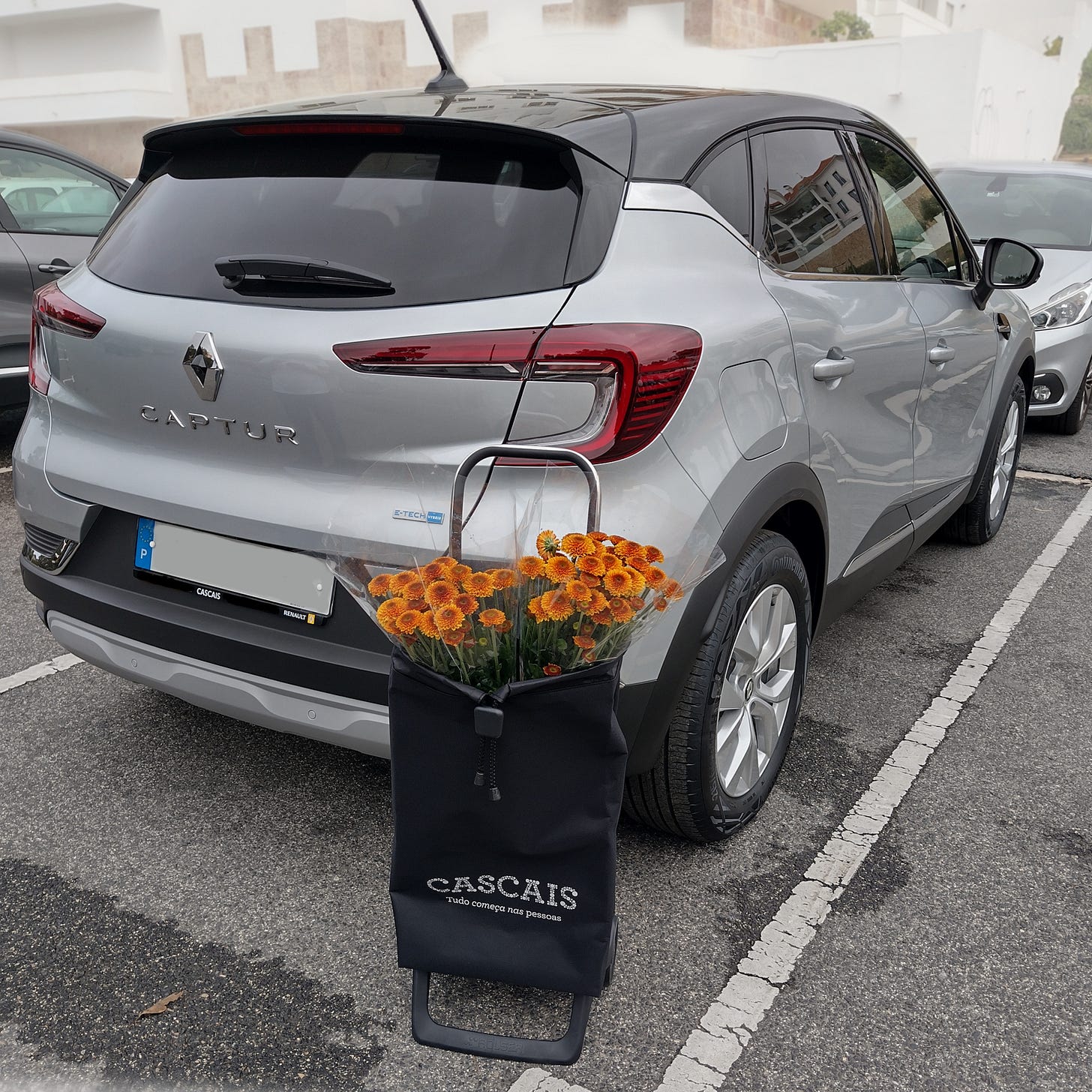 Back of a car with a basket of flowers Back of a car with a basket of flowers