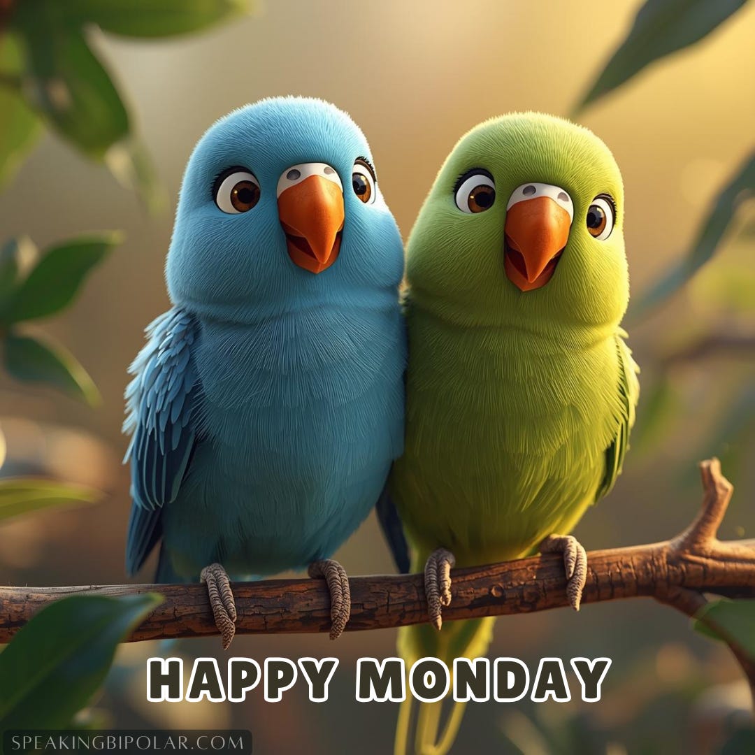 an illustration of two happy cartoon Parakeets sitting on a branch together