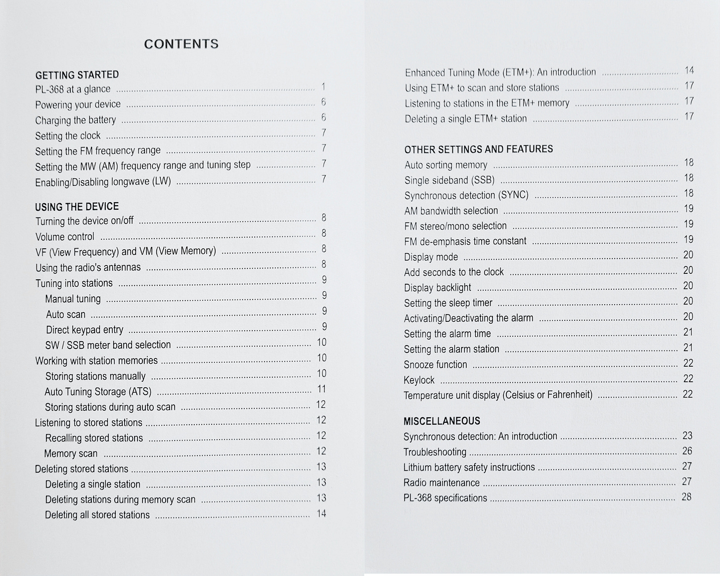 PL368 user manual table of contents