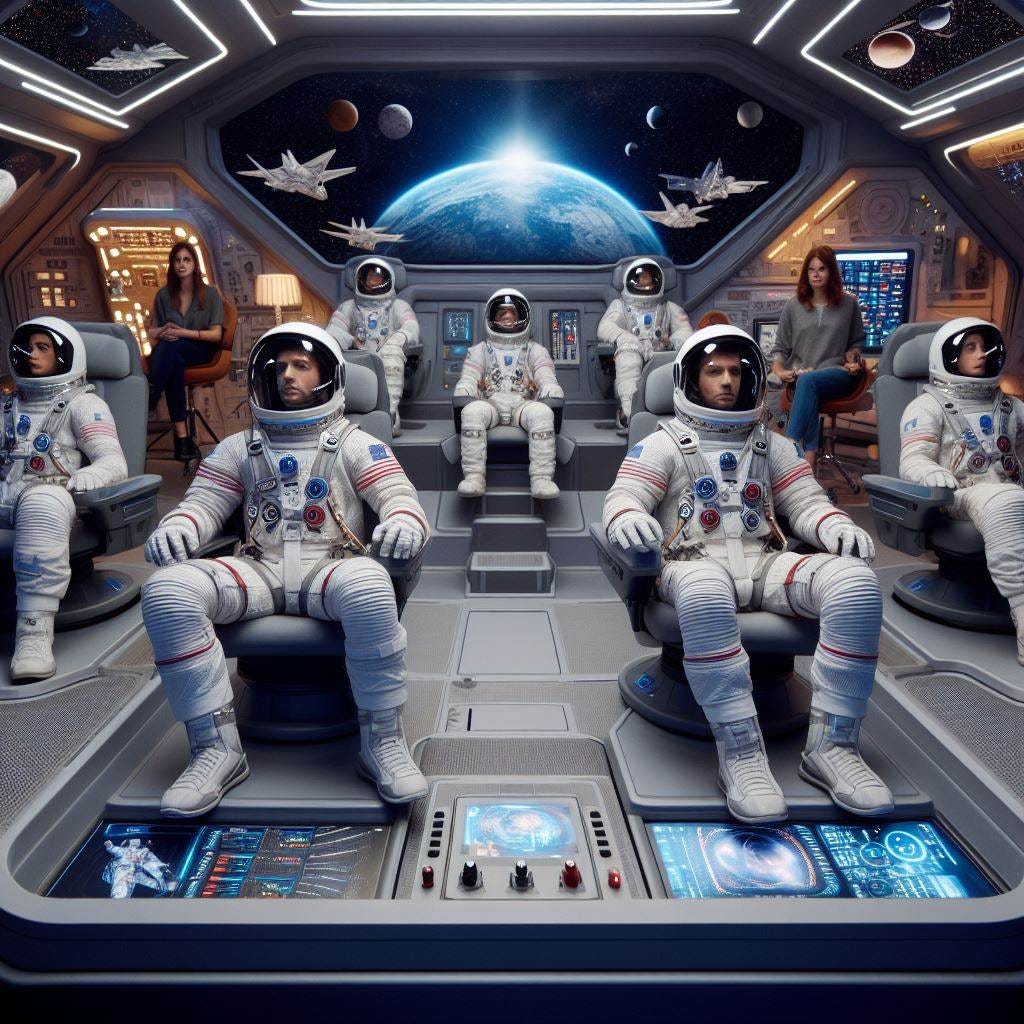 astronauts in a simulated space ship on a tv show called "FAKE SPACE TRAVEL" astronauts in a simulated space ship on a tv show called "FAKE SPACE TRAVEL"