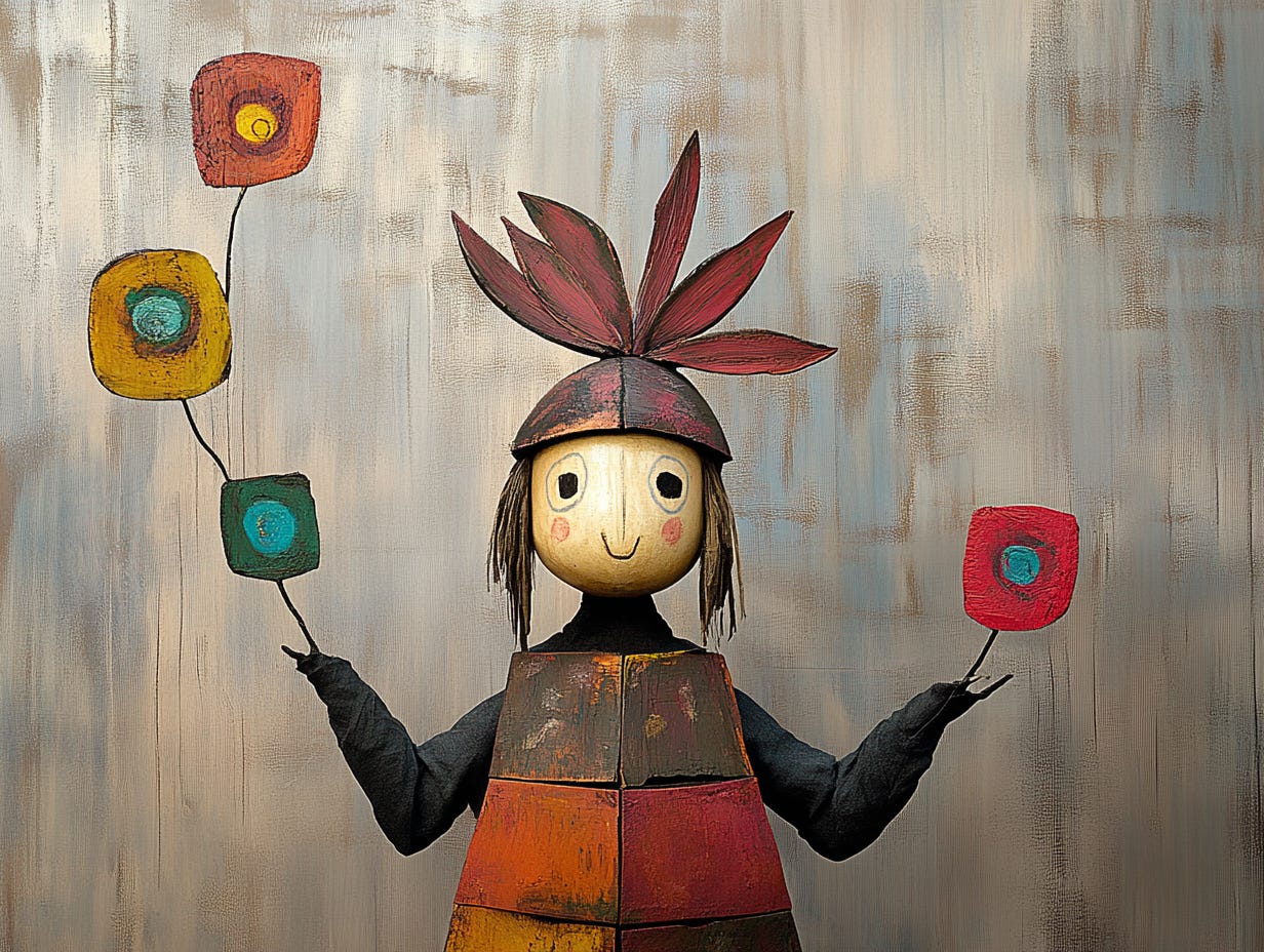 Whimsical artwork depicting a friendly, stylised character with a rounded wooden face, rosy cheeks, and a gentle smile. They wear a helmet topped with large, red, leaf-like decorations. Their body is constructed from colourful wooden blocks, and they are holding whimsical shapes on thin black stems resembling balloons or abstract flowers. The background is softly textured with muted colours, complementing the playful mood of the piece.