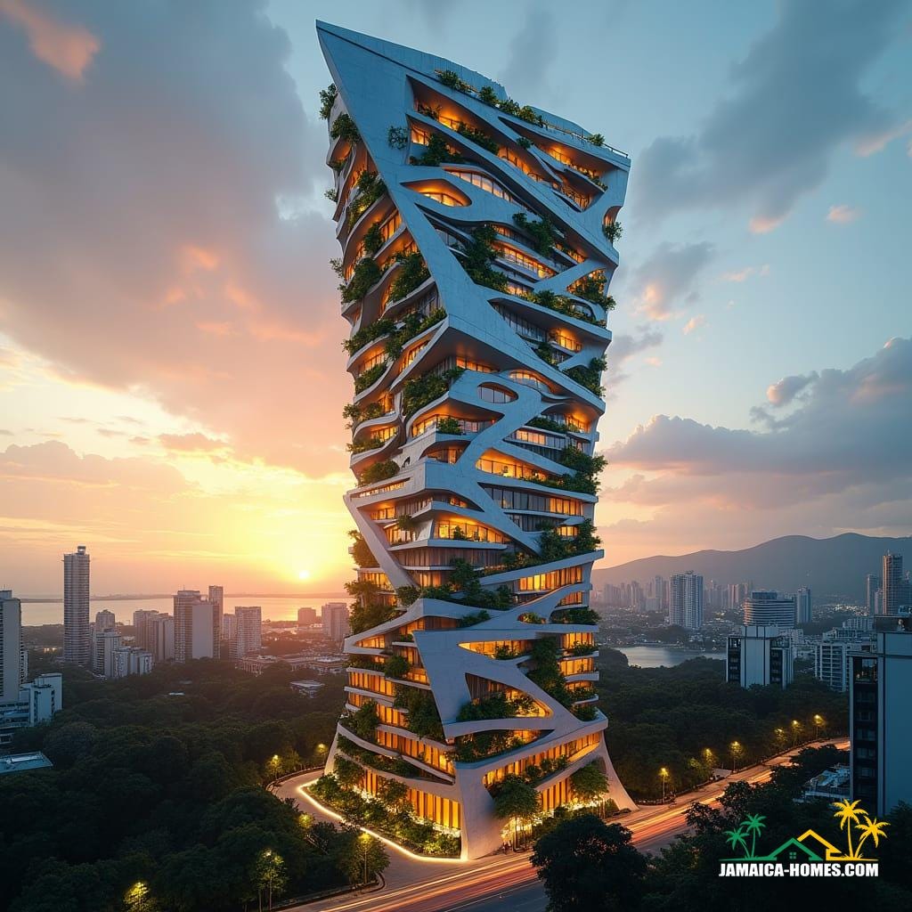 iconic skyscraper for downtown Kingston, Jamaica, that combines sleek, futuristic design with Jamaican cultural motifs.