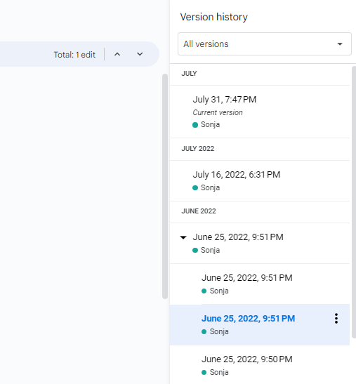 Screenshot of the “version history” sidebar