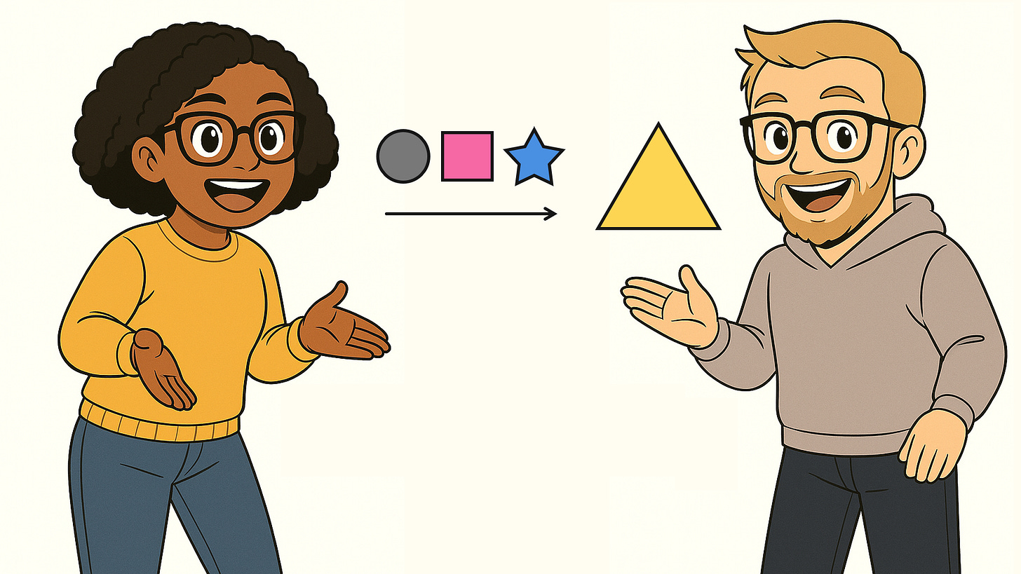 Two cartoon characters smiling and gesturing at a sequence of shapes transforming into a single triangle, representing how comprehensions simplify loops into one concise expression.