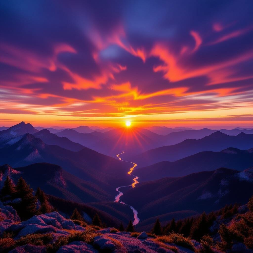 A wide-angle view from a high mountain overlook as the last sliver of a fiery sun dips below the horizon. The sky is abl...
