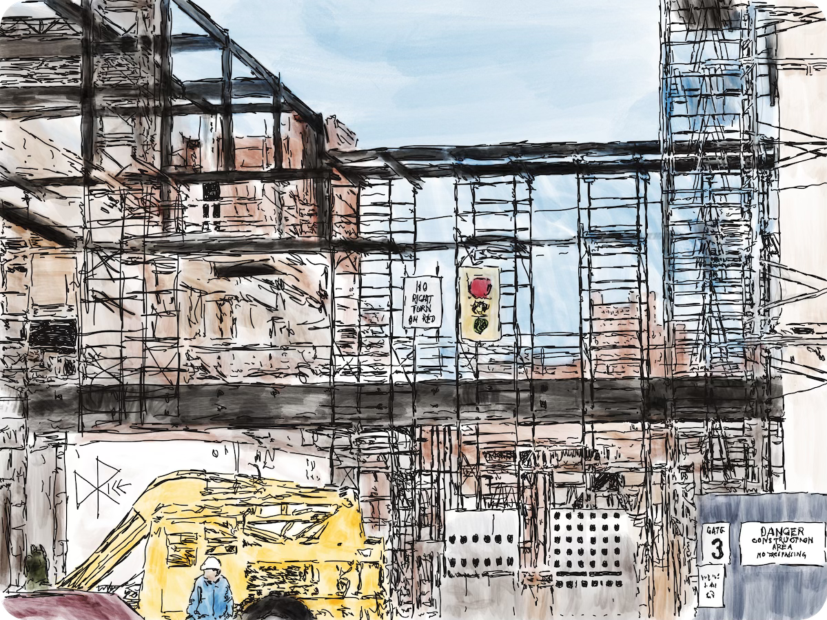 A downtown building under construction. Elevated platforms and scaffolding cross vertically and horizontally to create workplaces while steel beams are being positioned and secured. Sketch art by Don Rice.