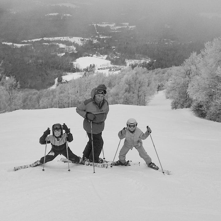 Diptych. Black and white images - child skiing on a trail; grandfather with a child on either side on a ski hill.