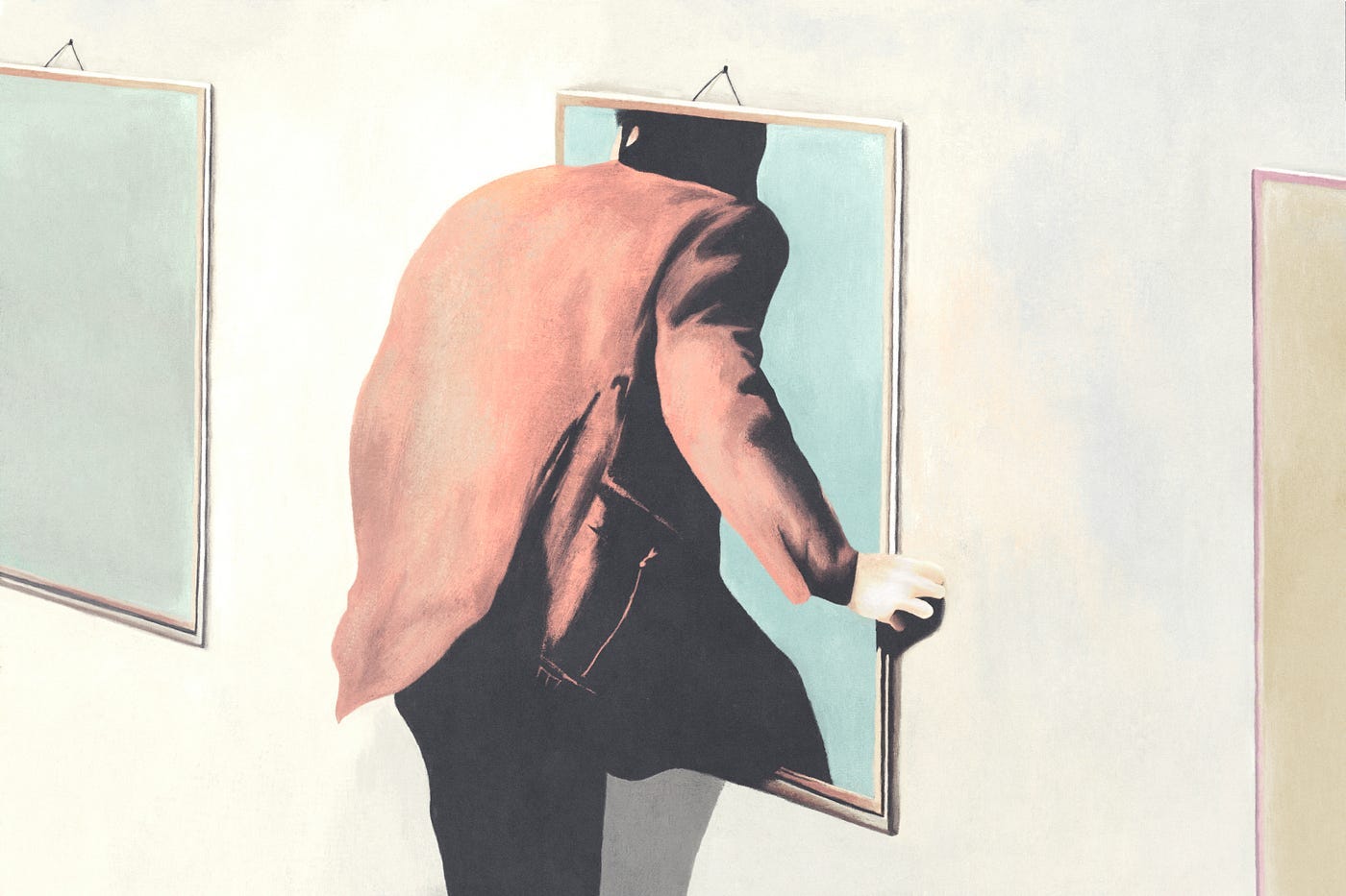 A man in a salmon-pink coat stepping through a framed canvas hanging on a gallery wall, his back to the viewer, one hand gripping the frame’s edge as he disappears into the teal space beyond. Two other empty frames hang on either side. A man in a salmon-pink coat stepping through a framed canvas hanging on a gallery wall, his back to the viewer, one hand gripping the frame’s edge as he disappears into the teal space beyond. Two other empty frames hang on either side.