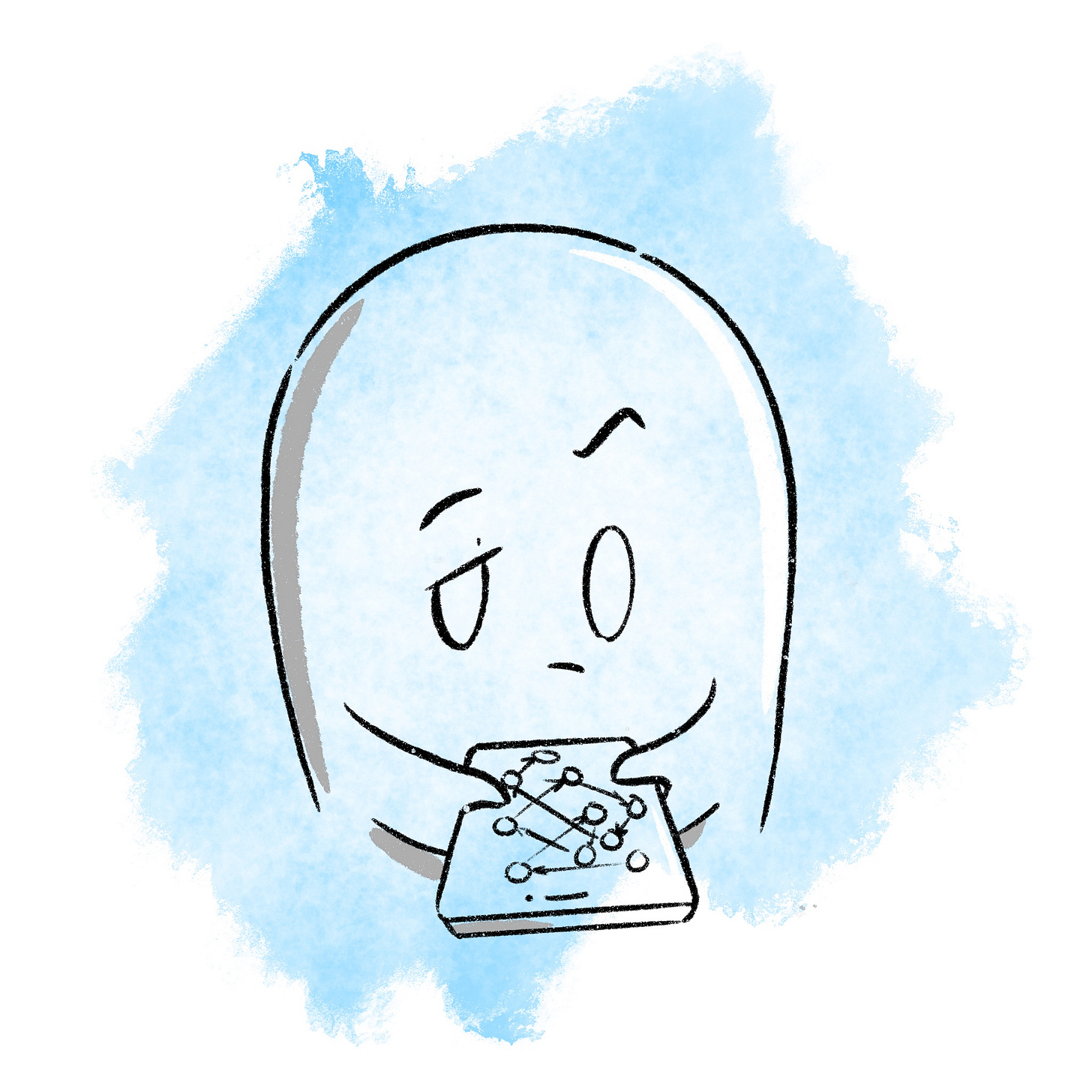 A blind character looking annoyed by the long flow on the app