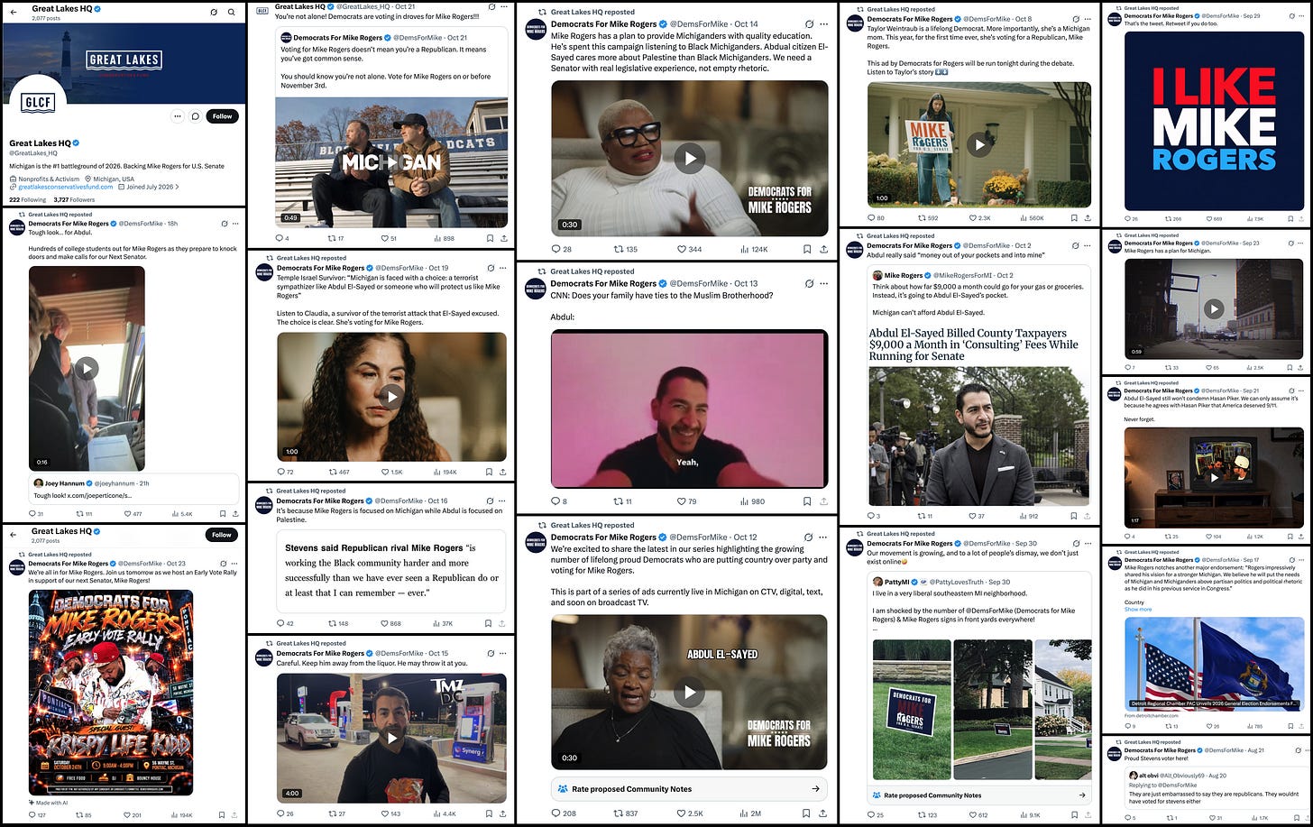 collage containing a screenshot of @GreatLakes_HQ's X profile and numerous screenshots of @GreatLakes_HQ reposting @DemsForMike collage containing a screenshot of @GreatLakes_HQ's X profile and numerous screenshots of @GreatLakes_HQ reposting @DemsForMike