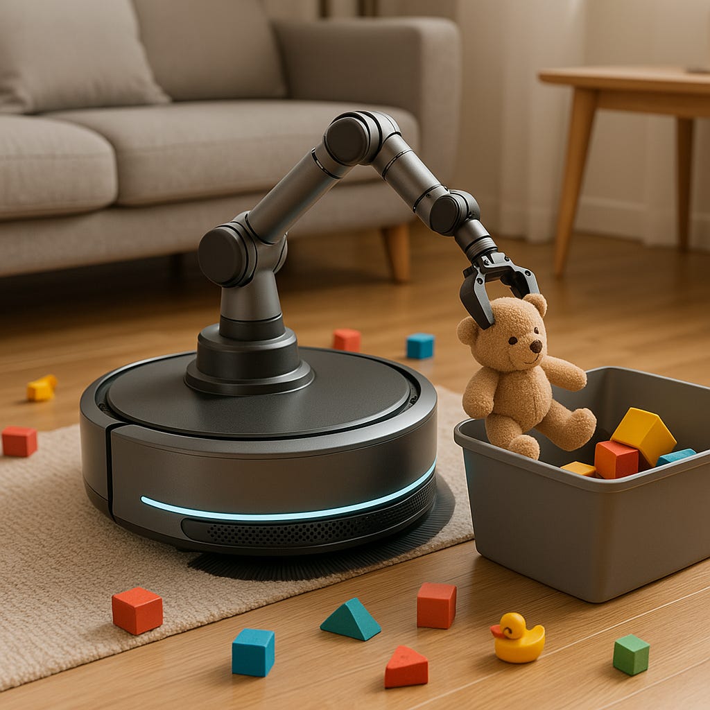 Thumbnail Image A futuristic Roomba-style robot vacuum with a sleek, circular design, equipped with a robotic arm mounted on top. The arm is actively picking up children's toys like blocks and stuffed animals from the floor and placing them into a nearby storage bin. The robot is simultaneously vacuuming a modern living room with hardwood floors, a cozy rug, and scattered toys. The scene is well-lit and family-friendly, with a touch of advanced home automation technology.