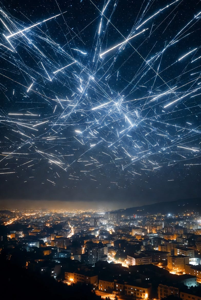 A nighttime cityscape with satellite streaks in the sky, evoking a contemplative mood.