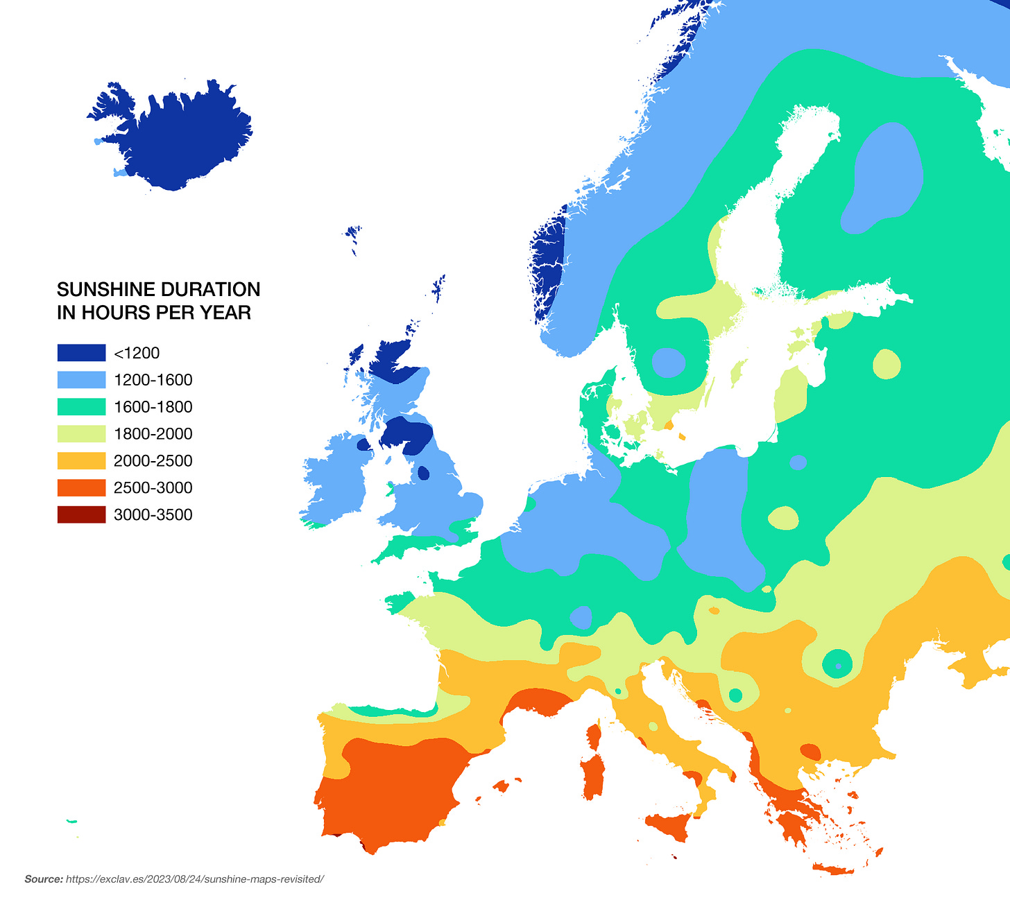 r/MapPorn - Annual sunshine duration in Europe