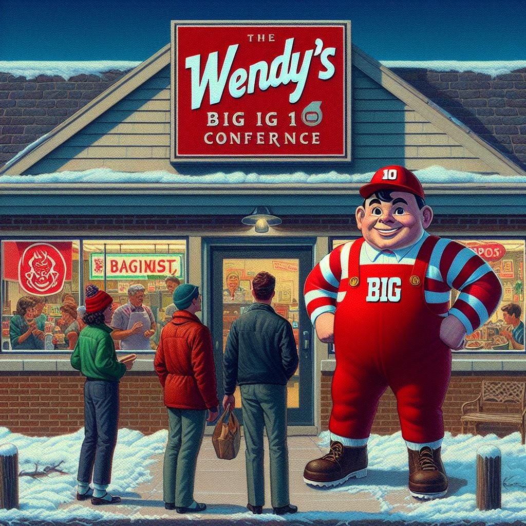 The Big Ten Conference logo standing in front of a Wendy's restaurant, in the style of Norman Rockwell The Big Ten Conference logo standing in front of a Wendy's restaurant, in the style of Norman Rockwell